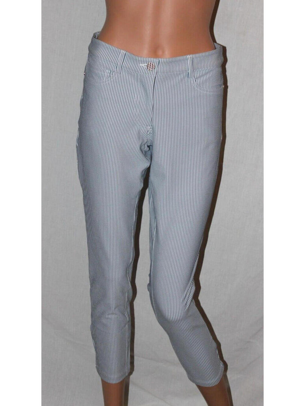NEW MOVETES WOMENS EMY CAPRI PANTS TEAL WHITE PINSTRIPE VARIOUS TOP QUALITY